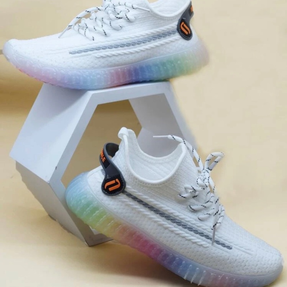 White knit sneaker with rainbow soles